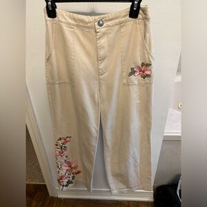 SHEIN Beige Wide Leg Pants with Floral Embroidery